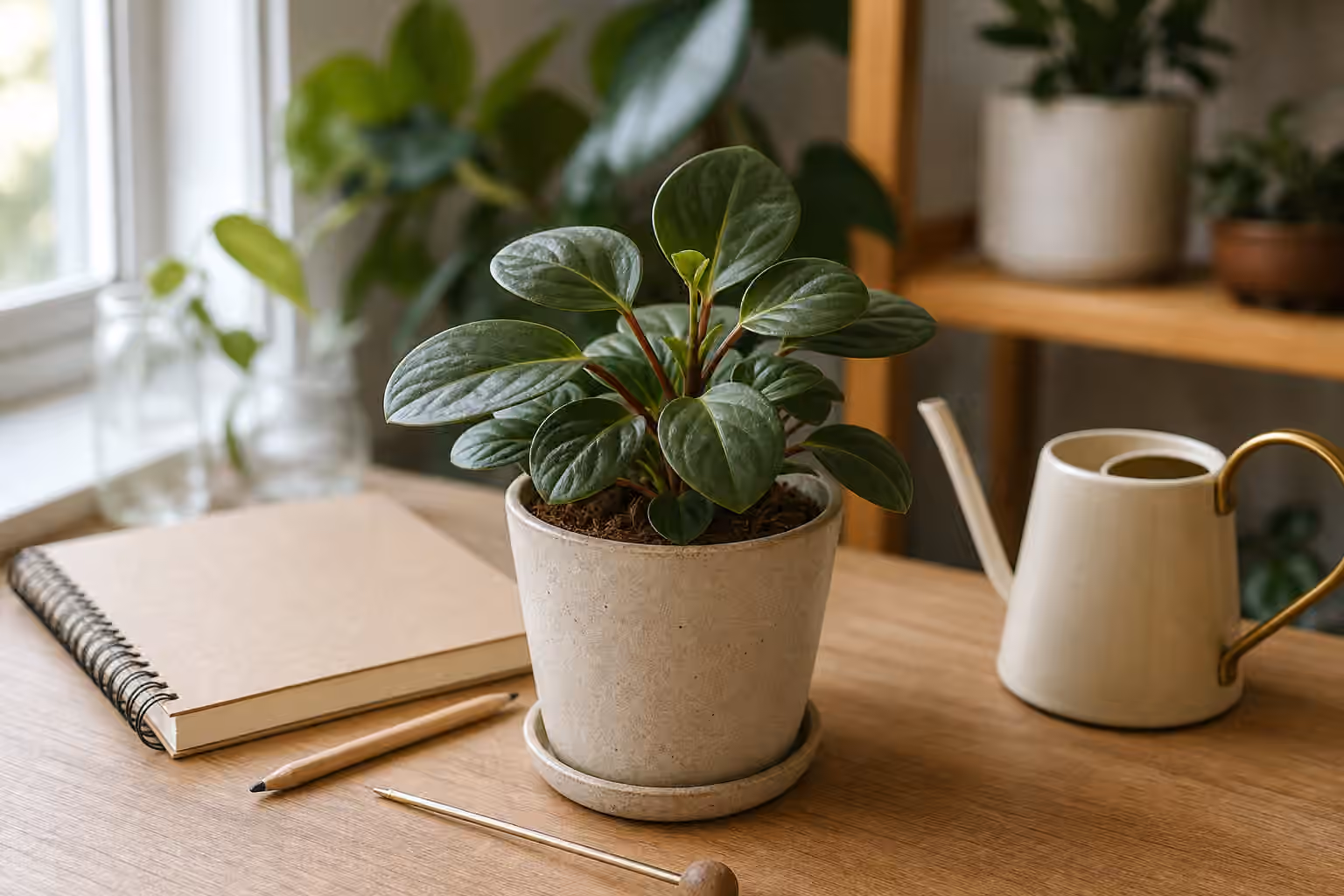 A small houseplant with a tiny new leaf bud beside a notebook and watering can.