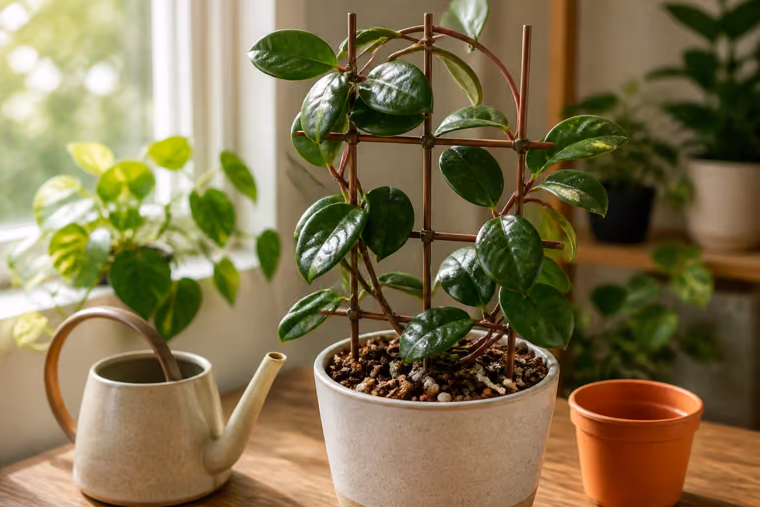 A waxy-leaved hoya on a small trellis in bright filtered indoor light.