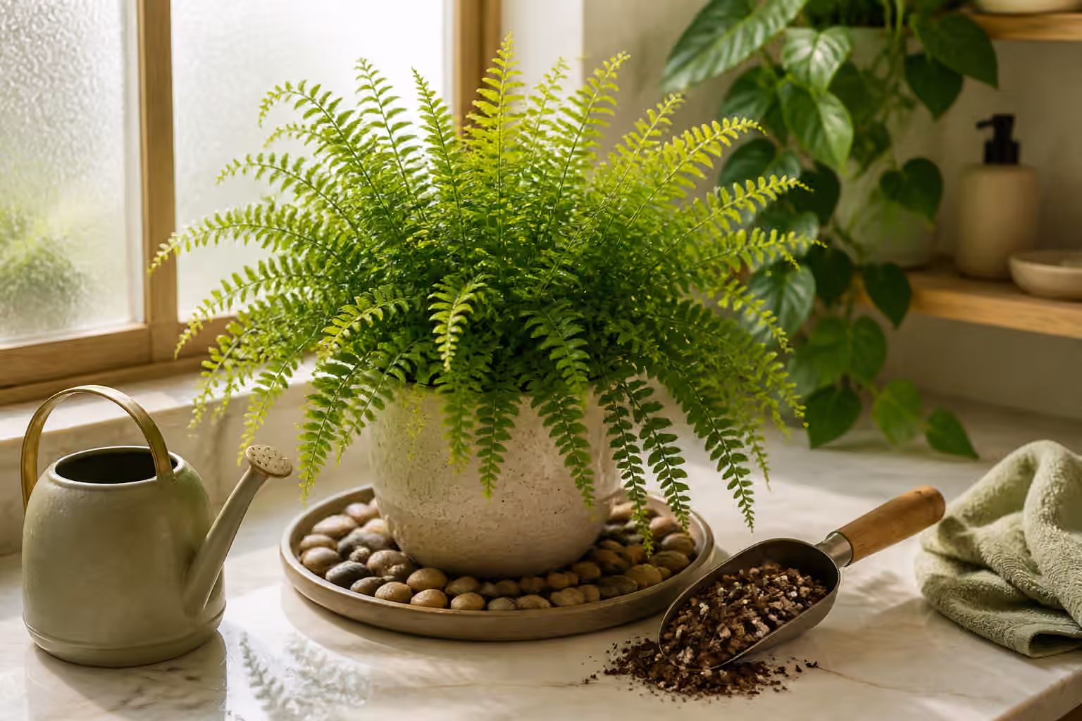 A lush indoor fern in bright filtered light with a watering can and pebble tray nearby.