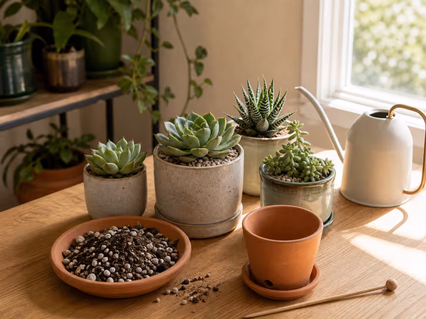 Small succulents on a sunny indoor table with gritty potting mix, terracotta pot, watering can, and skewer.