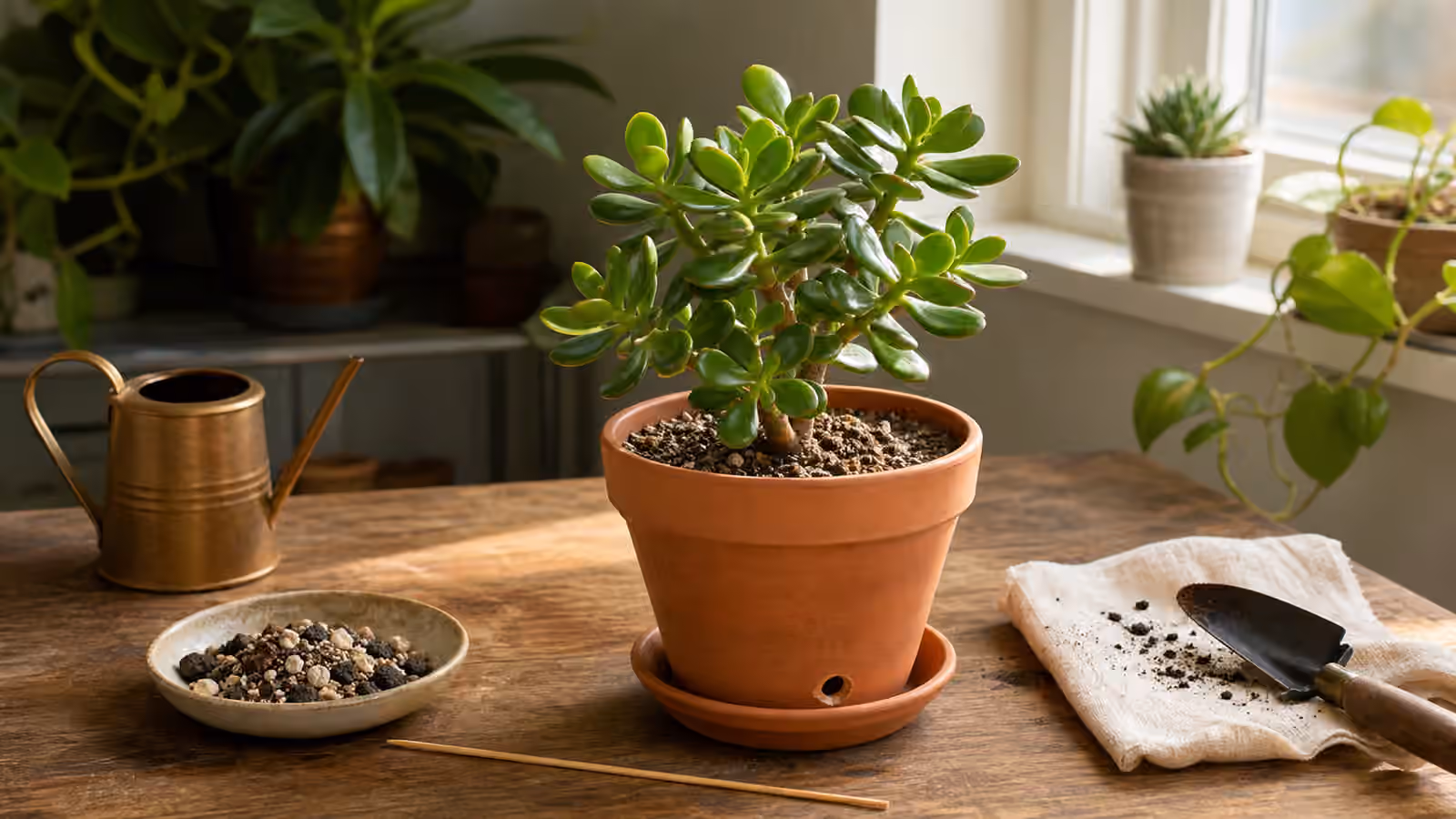 A compact jade plant in a terracotta pot with gritty mix near a sunny indoor window.
