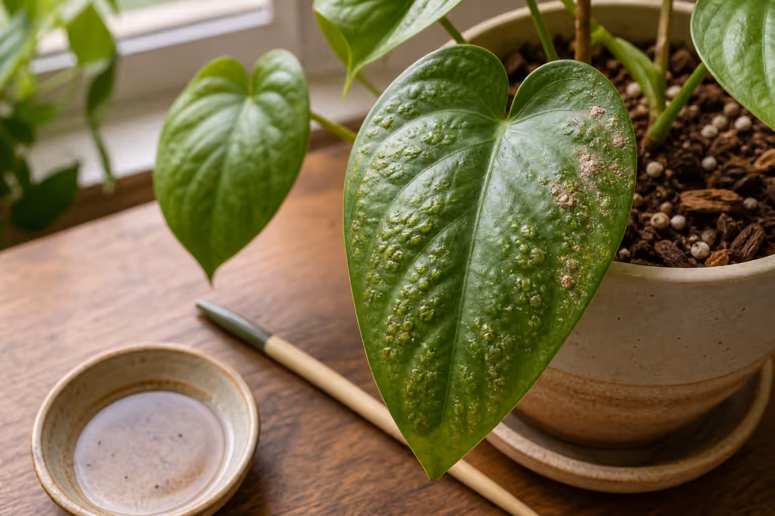 A close inspection of houseplant leaves with subtle raised marks beside a hand lens.
