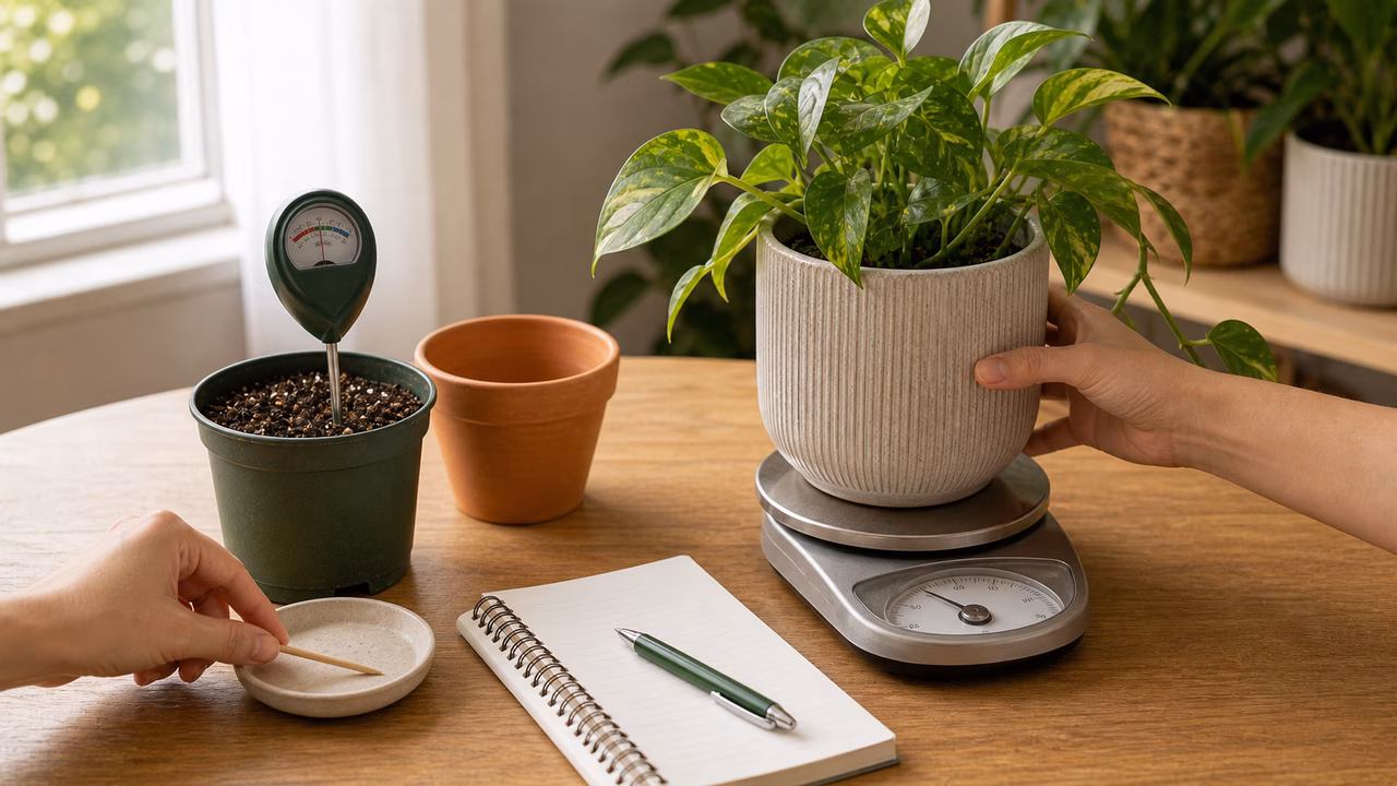 A practical indoor plant care setup for moisture meters, fingers, and pot weight.