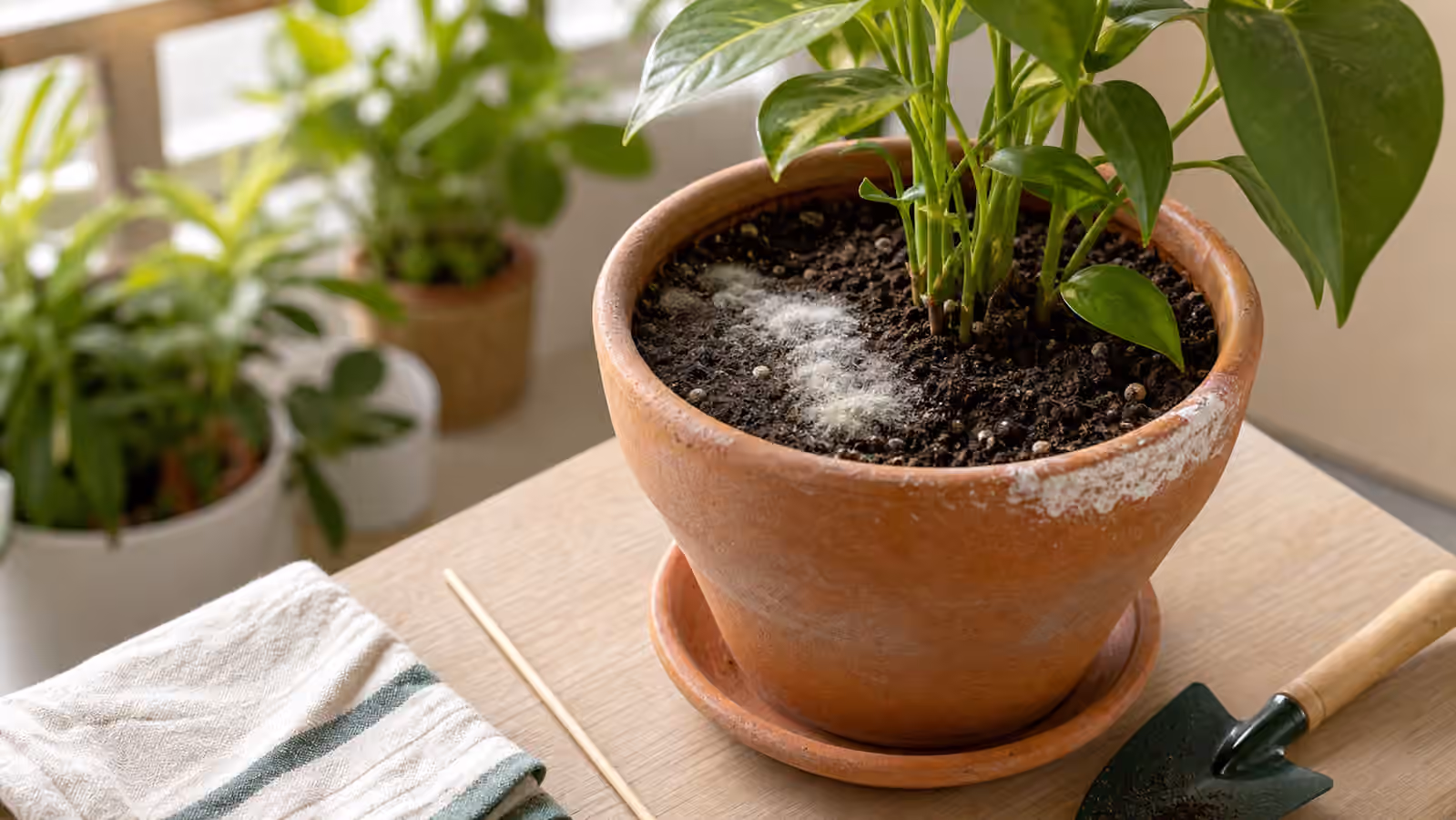 A houseplant pot with pale soil-surface growth, mineral crust, and simple inspection tools.