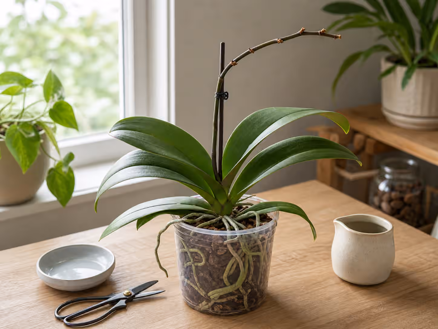 A moth orchid in a clear pot with bark mix, an old flower spike, clean scissors, watering cup, and drainage saucer.