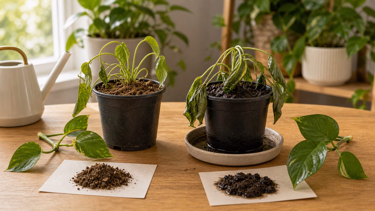 A practical indoor plant care setup for overwatered vs underwatered houseplants.