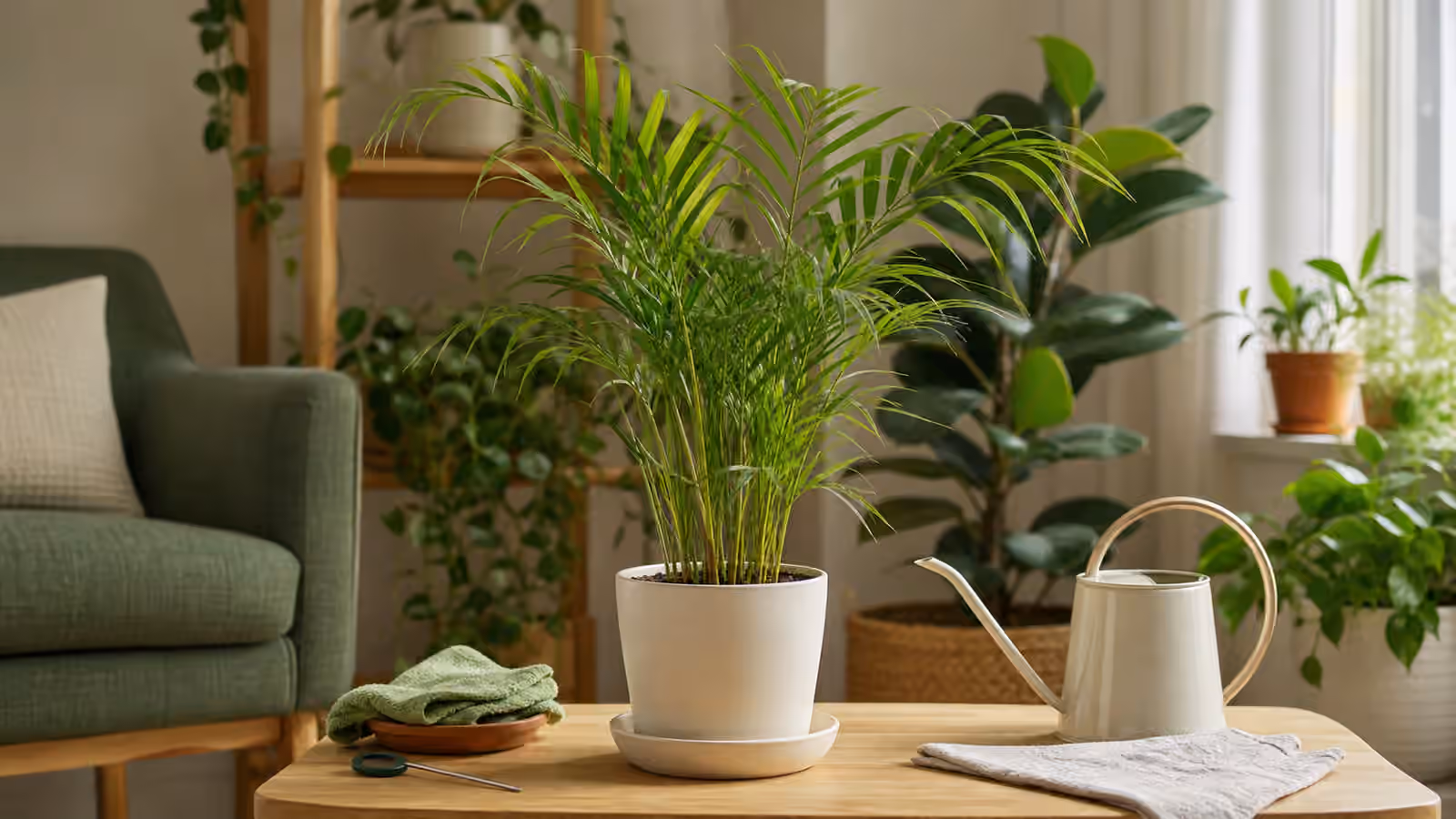 A parlor palm in a simple pot with fine fronds beside a watering can and soft cloth.