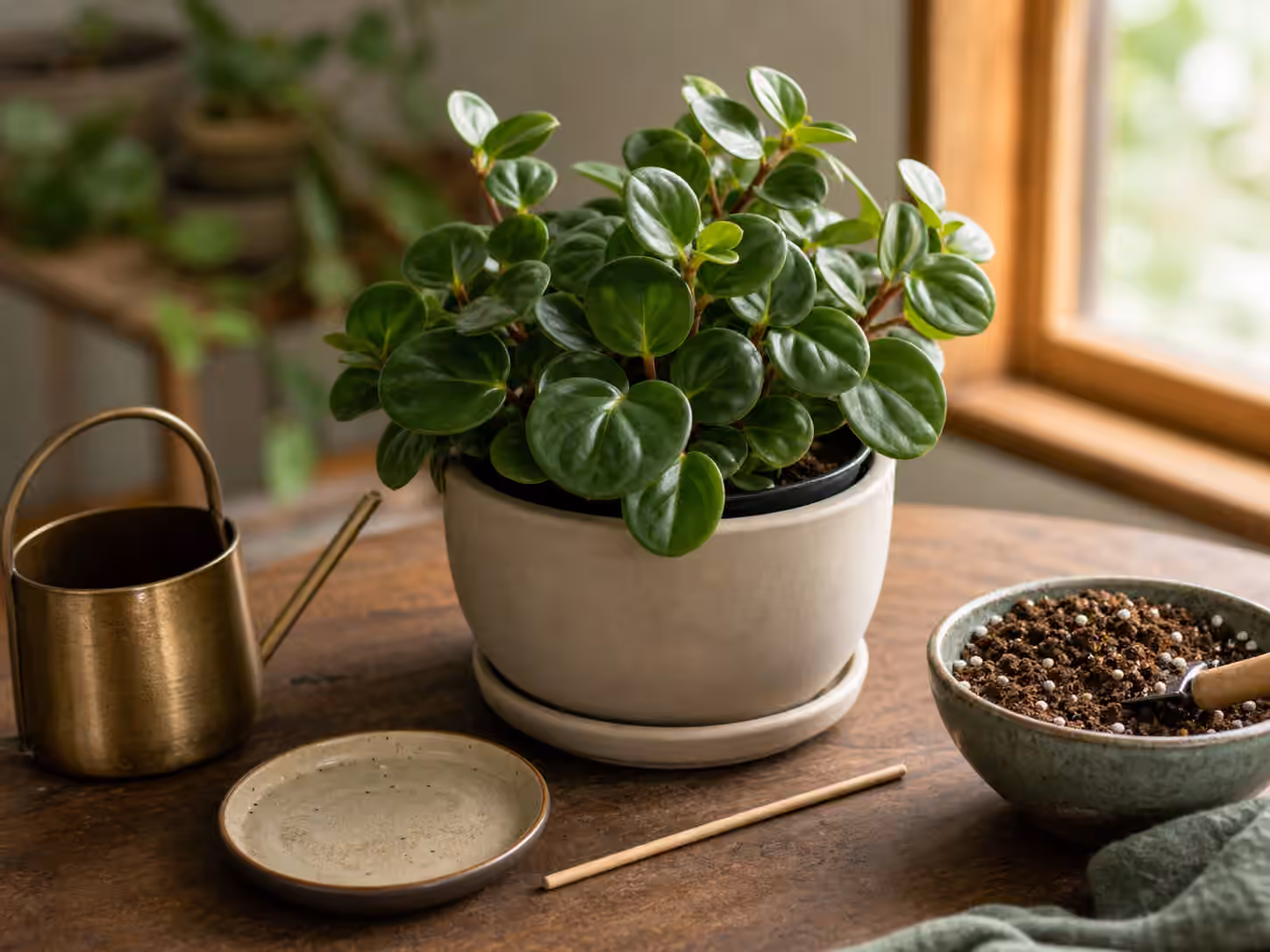A compact peperomia beside a watering can, drainage saucer, moisture skewer, and bowl of airy potting mix.