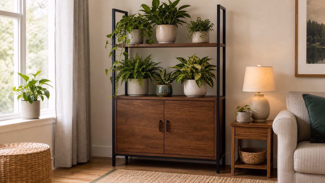 Houseplants placed on a stable high shelf away from pet traffic paths.