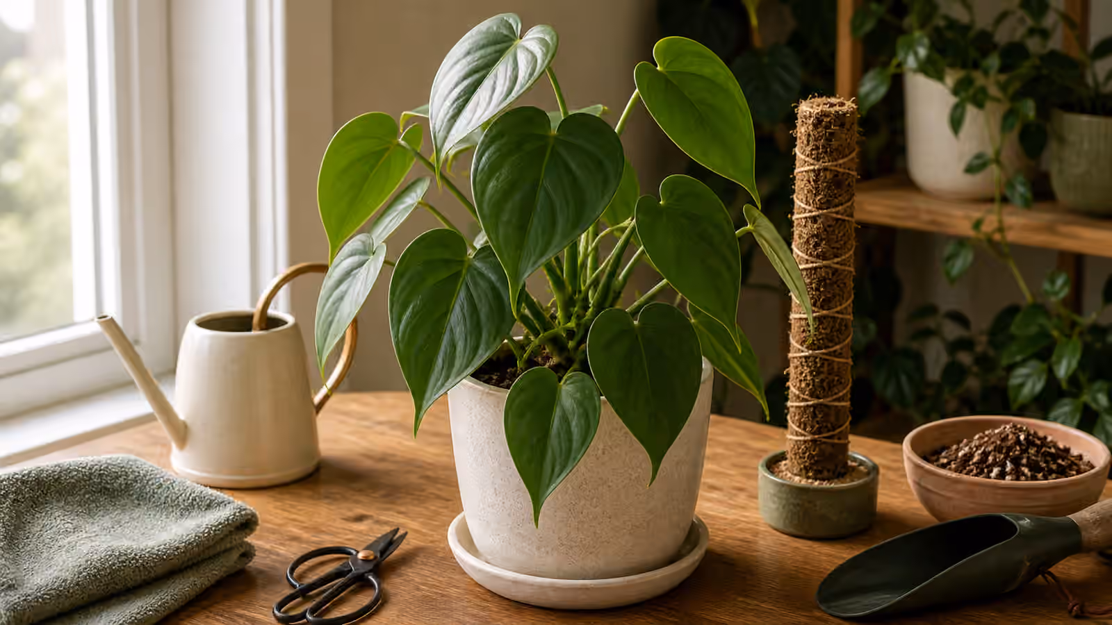 A trailing philodendron and compact philodendron on a bright indoor plant care table.