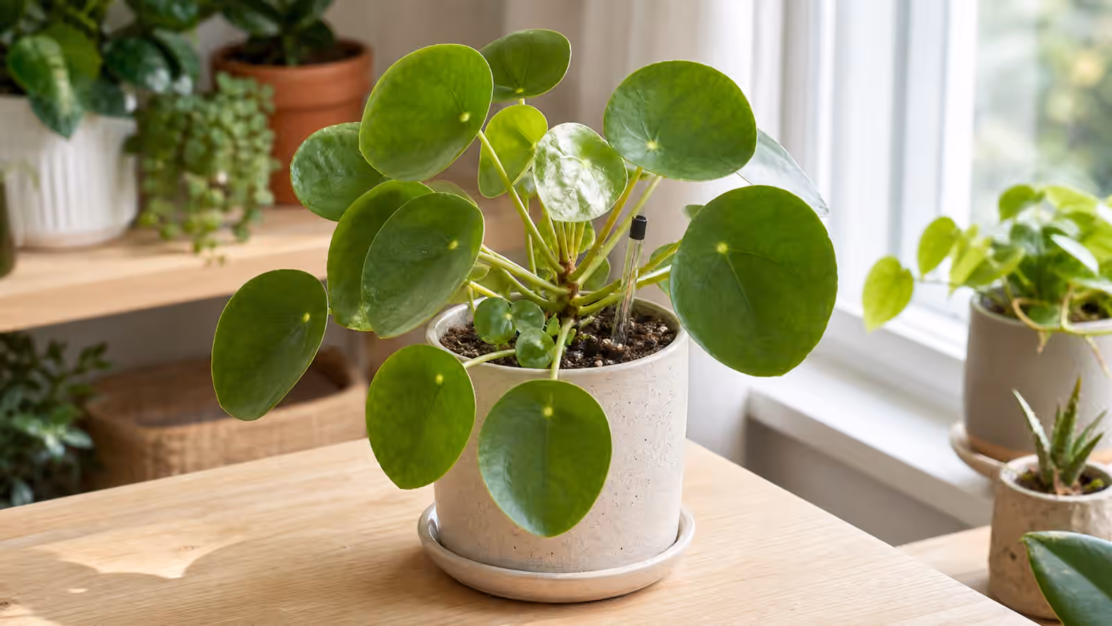 A Pilea peperomioides with round green leaves and small pups near the base in soft indoor light.