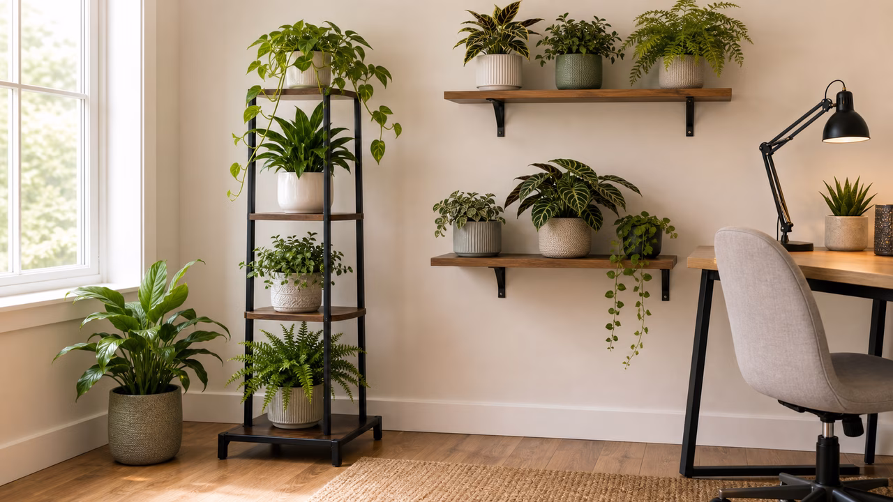 A practical indoor plant care setup for plant stands, shelves, and room safety.
