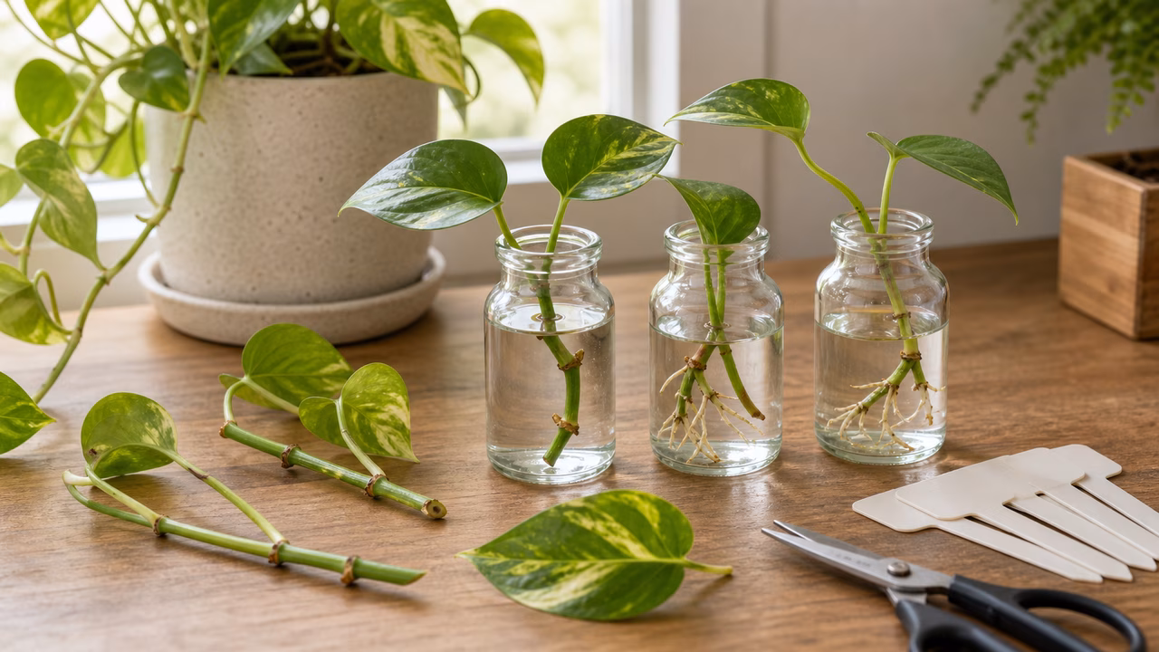 A practical indoor plant care setup for pothos propagation.