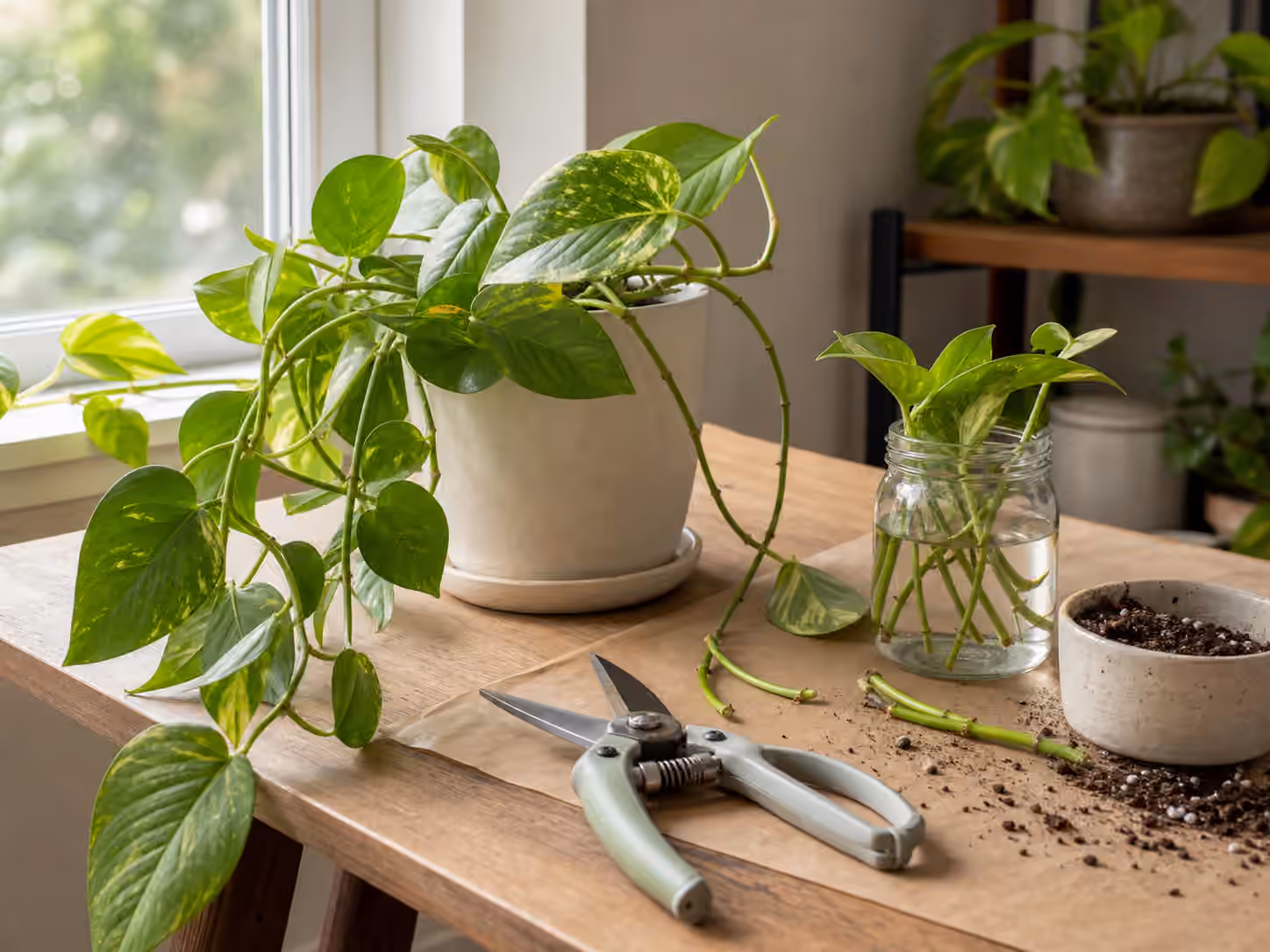 A leggy pothos on a plant table with pruners, cuttings in water, and potting mix.