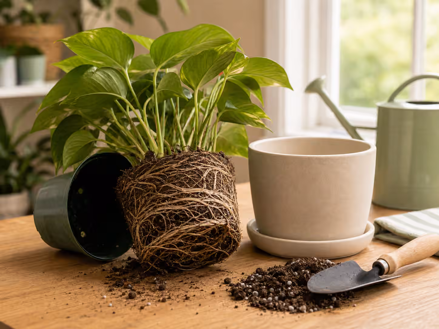 A houseplant root ball with circling roots beside a nursery pot, fresh mix, and a larger pot.