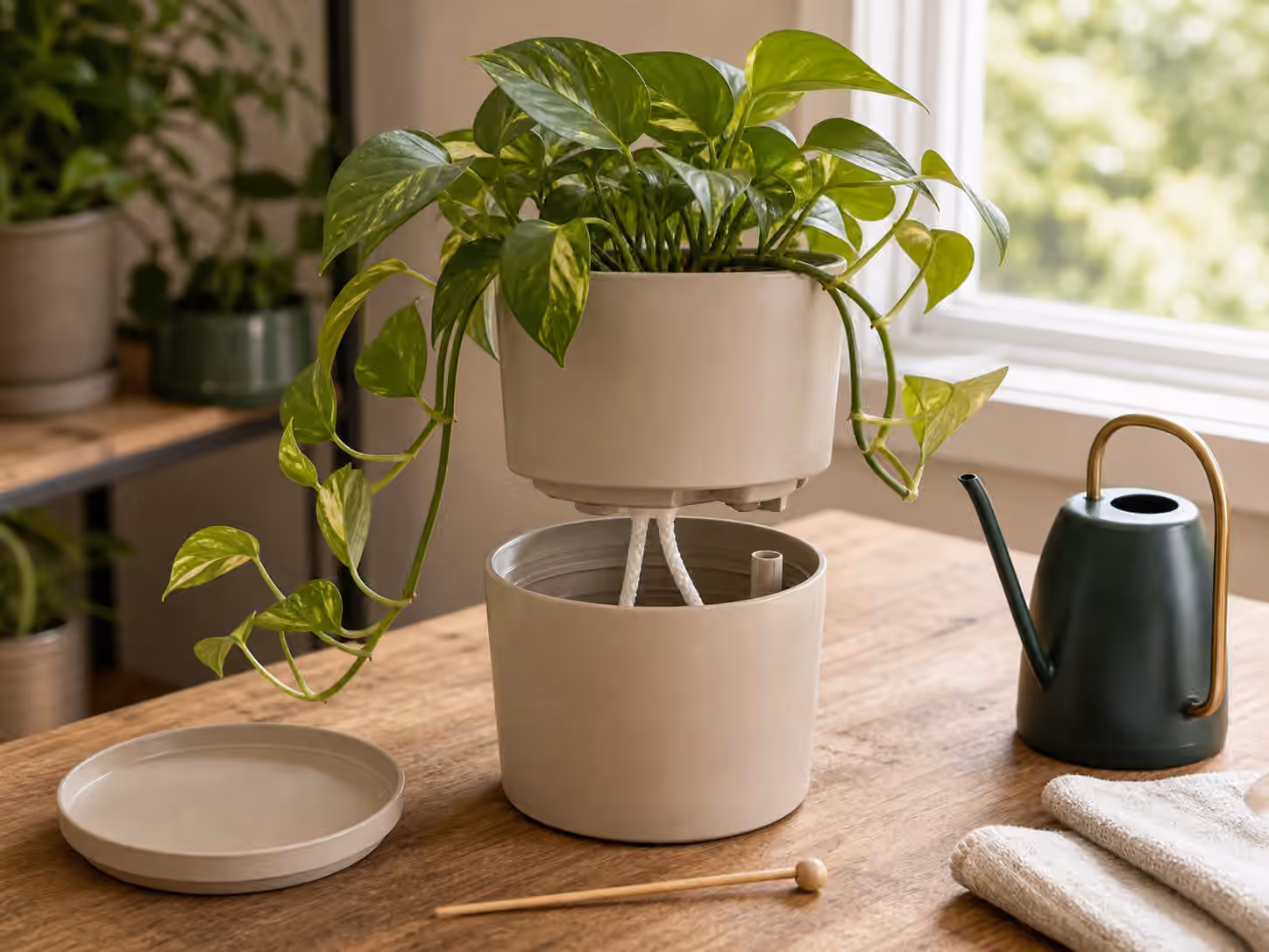A self-watering planter with a visible reservoir, wick, trailing houseplant, and moisture skewer.