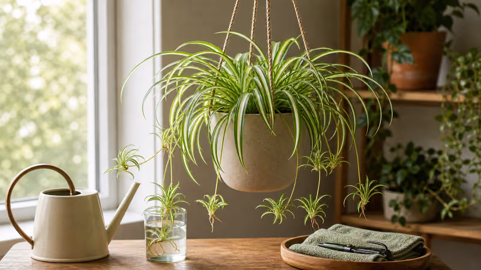 A spider plant with arching leaves and plantlets on a bright indoor care table.