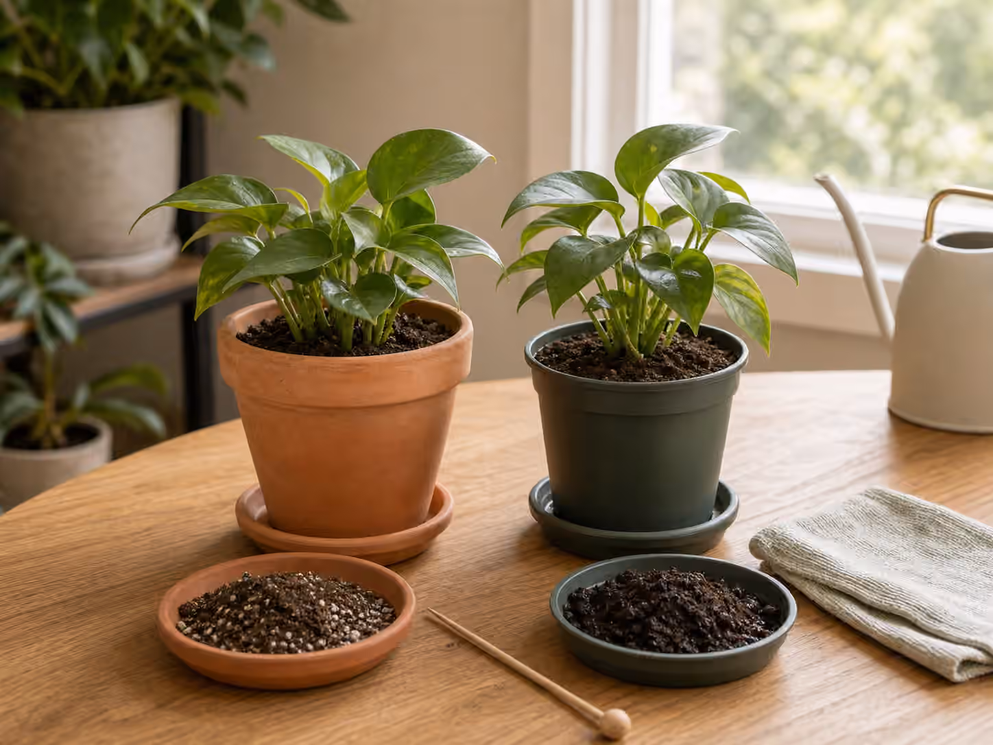 Two similar houseplants in terracotta and plastic pots beside soil samples and a moisture skewer.
