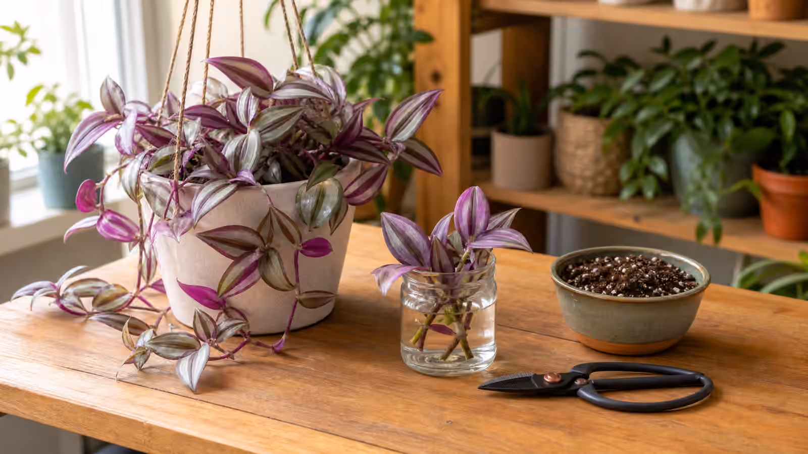 A trailing tradescantia with purple and green striped leaves beside cuttings, pruning snips, and potting mix.