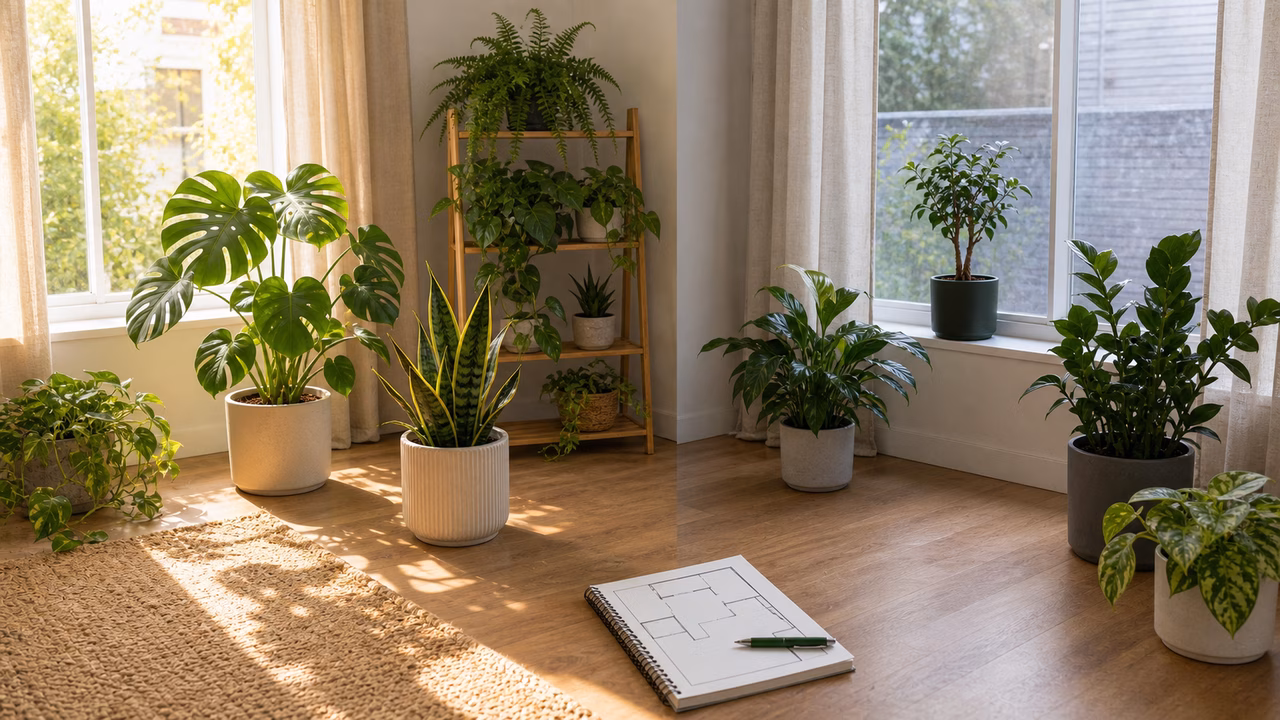 A practical indoor plant care setup for north, south, east, and west windows.