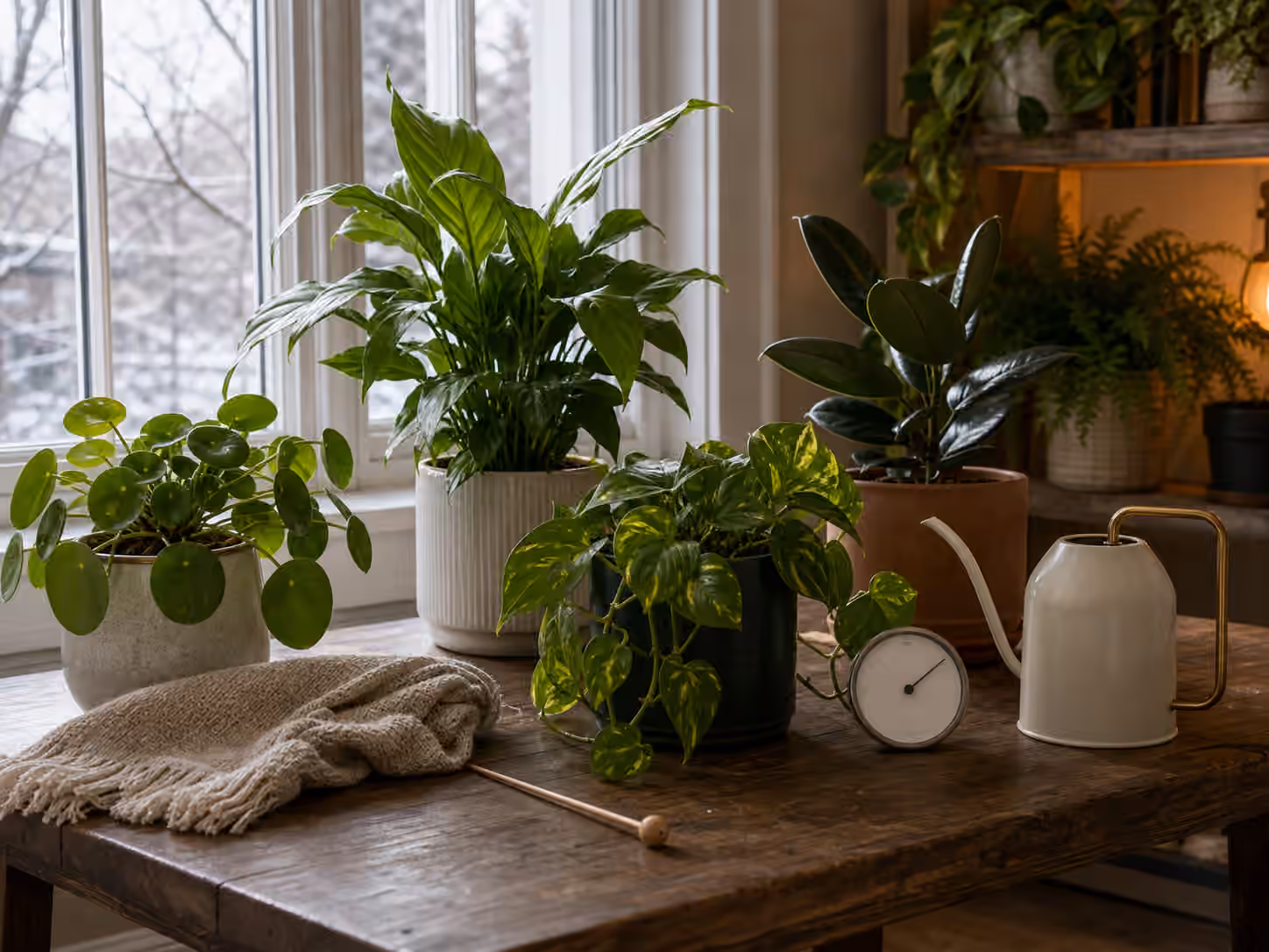 Houseplants near a cold bright window with a watering can, blank hygrometer, cloth, and moisture skewer.