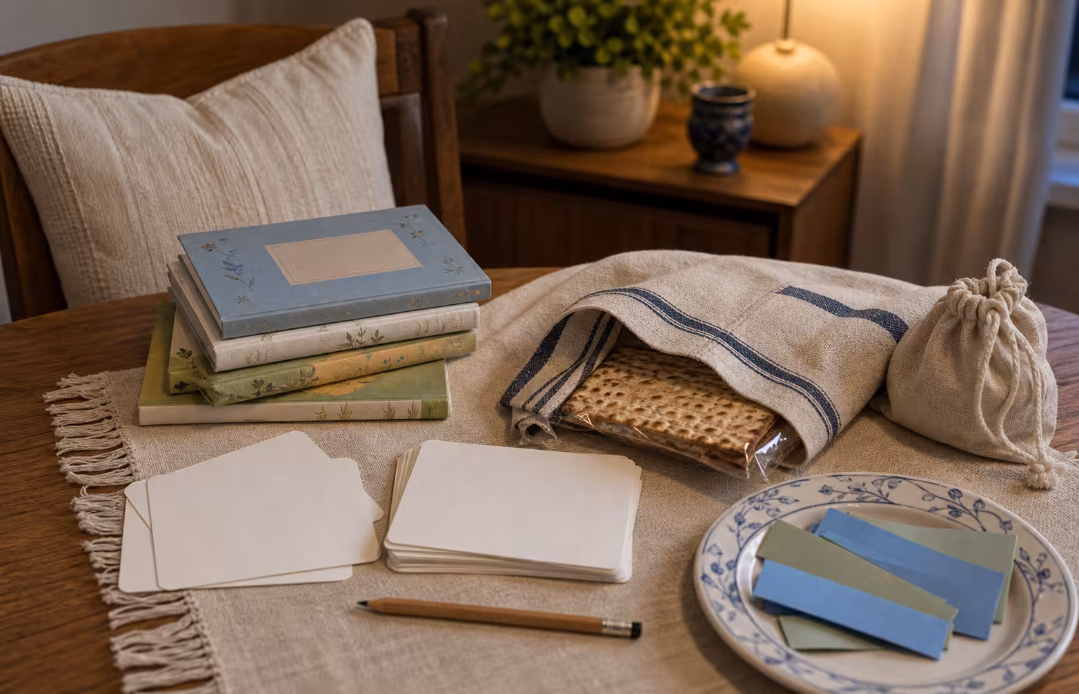 An afikoman search setup with wrapped matzah partly hidden under a napkin, blank clue cards, unreadable children’s books, and a pillow on a chair