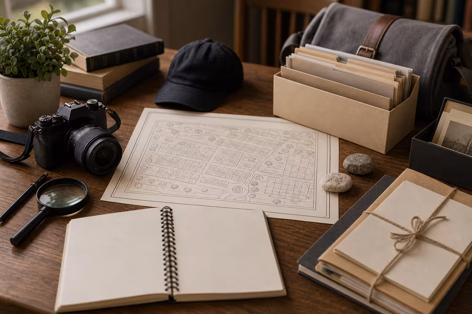 A cemetery research fieldwork kit with a blank cemetery map, camera, soft brush, notebook, small stones, and unreadable burial society notes