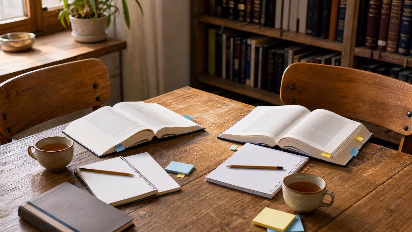 A paired Jewish study table with two chairs, open books, blank notebooks, pencils, sticky tabs, and tea.
