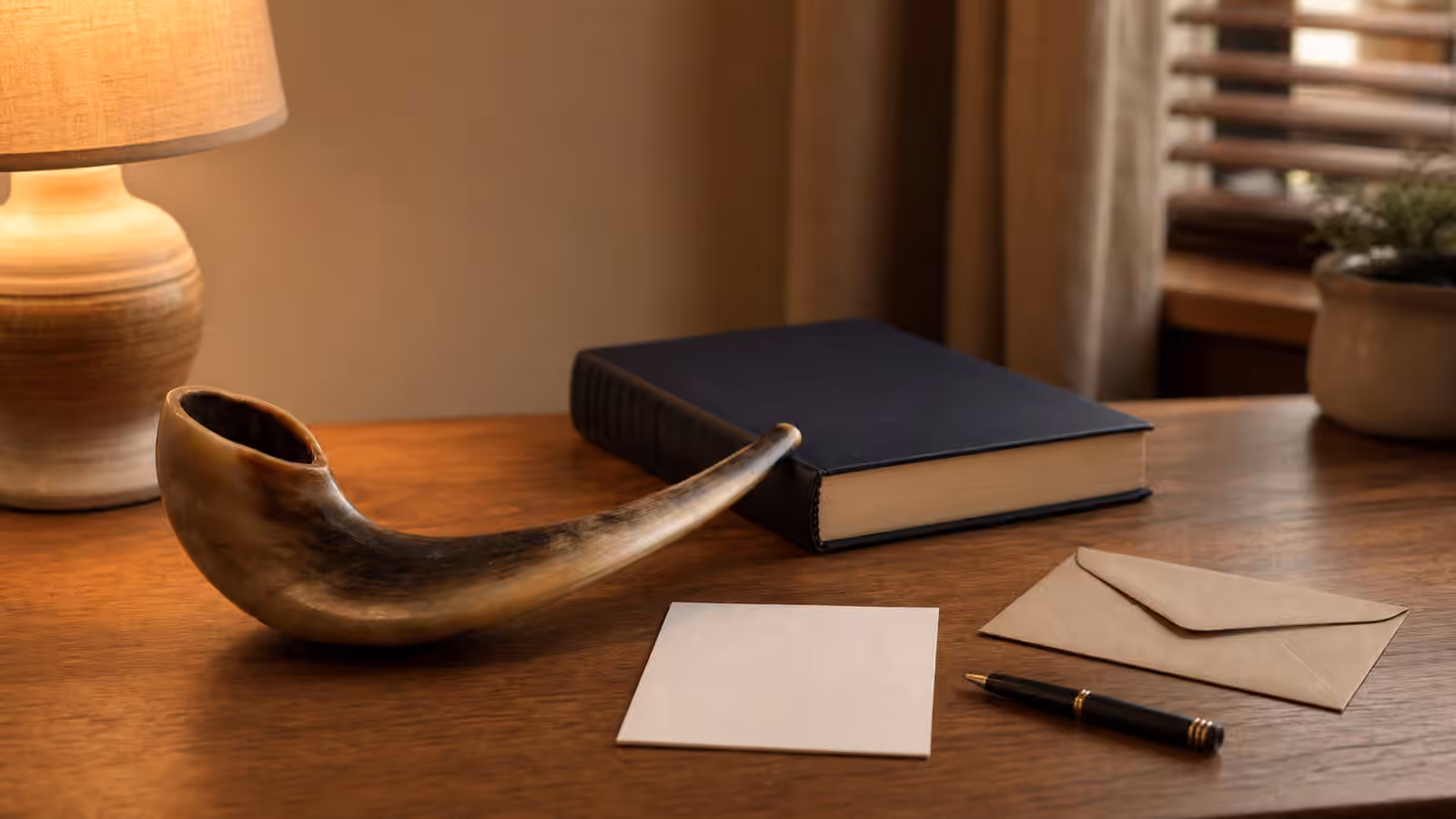 A quiet Elul preparation desk with a shofar, closed prayer book, blank note card, sealed envelope, and evening lamp.