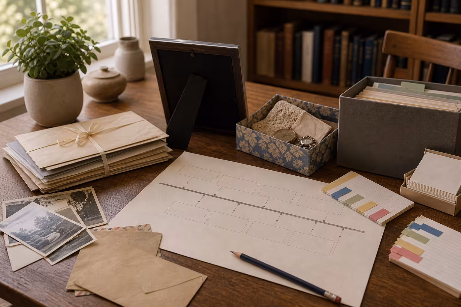 A family-history evidence table with a blank timeline sheet, unreadable old envelopes, a turned-away photo frame, keepsake box, color tabs, and pencil