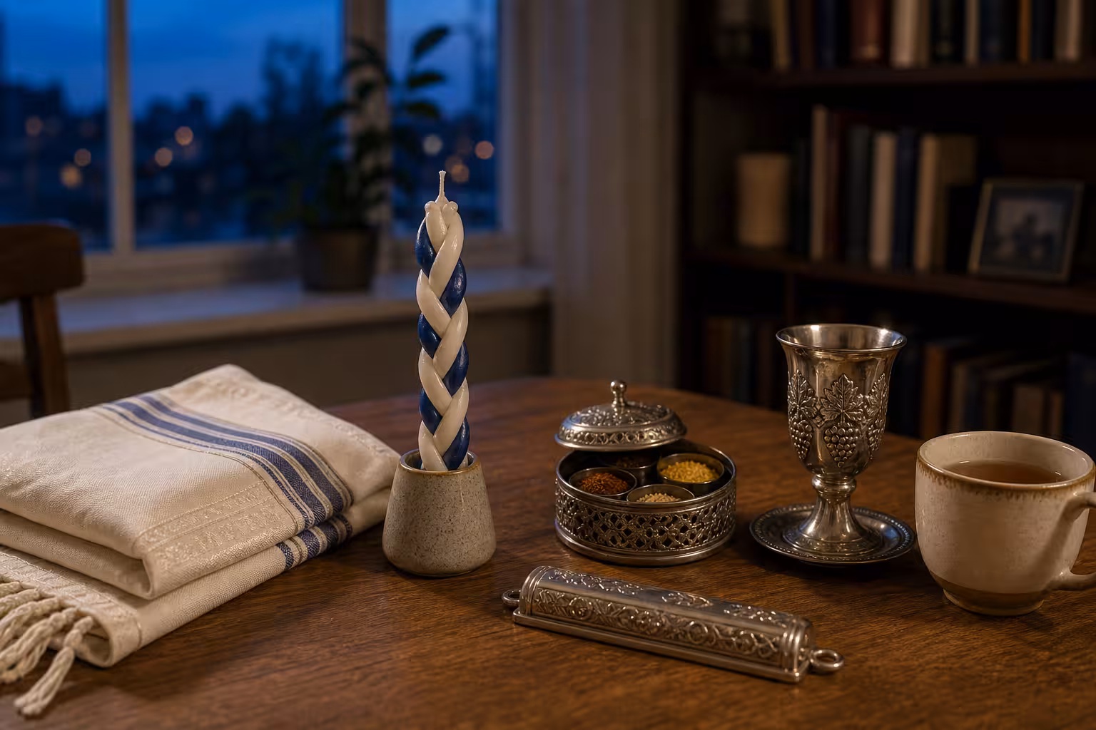 A havdalah ending setup with an unlit braided candle, spice box, kiddush cup, folded tablecloth, and a Saturday night window
