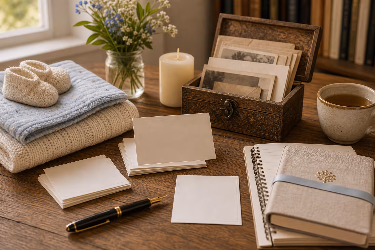A Hebrew name planning table with blank name cards, a baby blanket, unlit candle, keepsake box, fountain pen, and unreadable archival envelopes