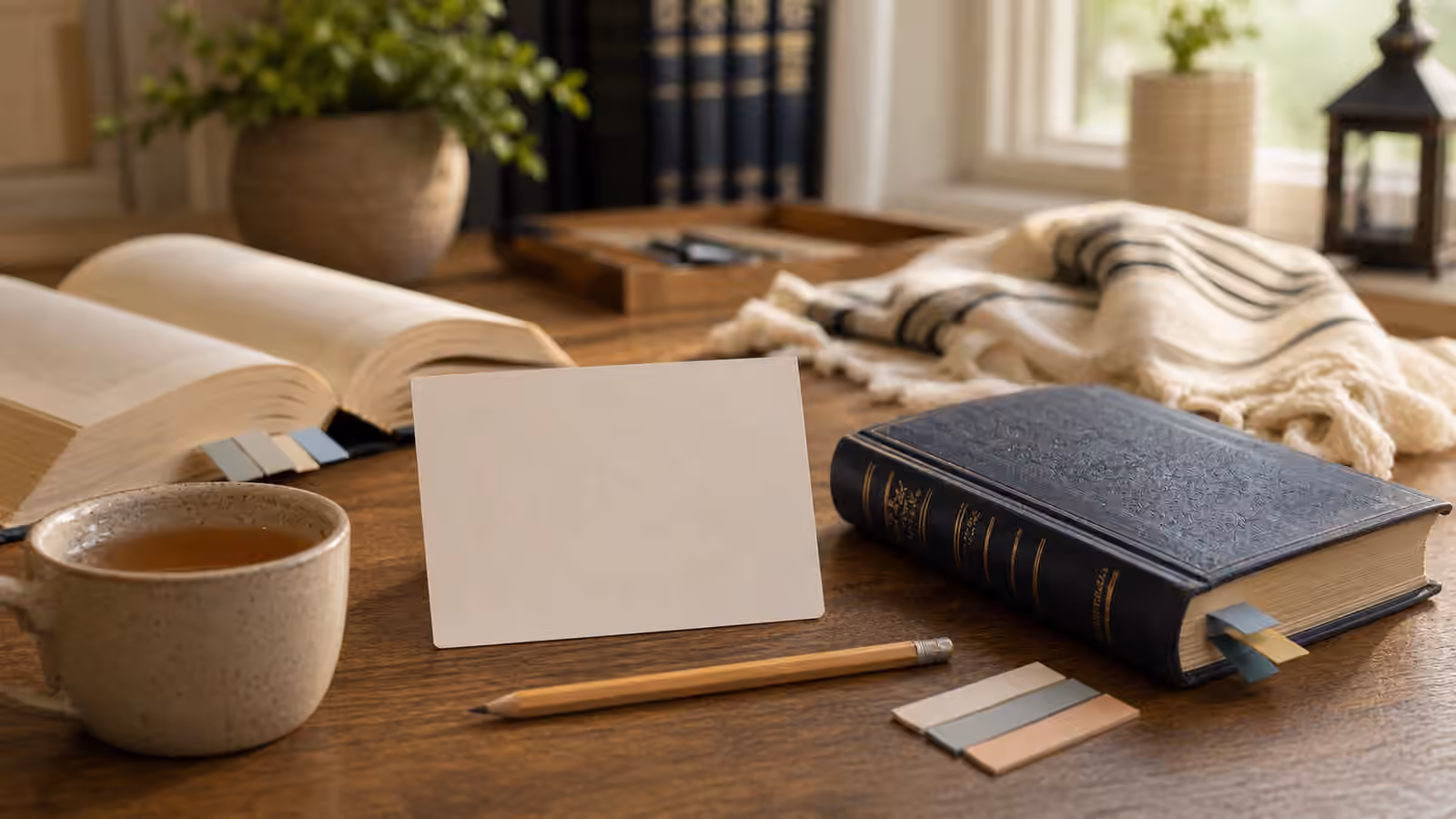 A Jewish prayer-language study desk with open book, blank card, pencil, bookmark tabs, tea, closed volume, and folded tallit.