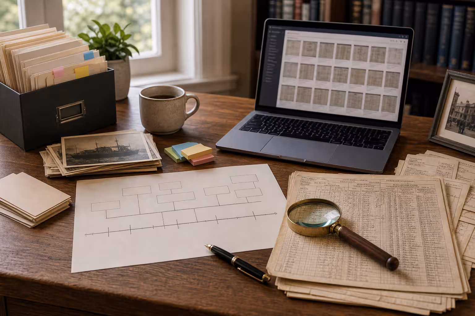 An immigration record research desk with a laptop archive grid, blurred passenger-list papers, magnifying glass, sticky tabs, and a blank family timeline