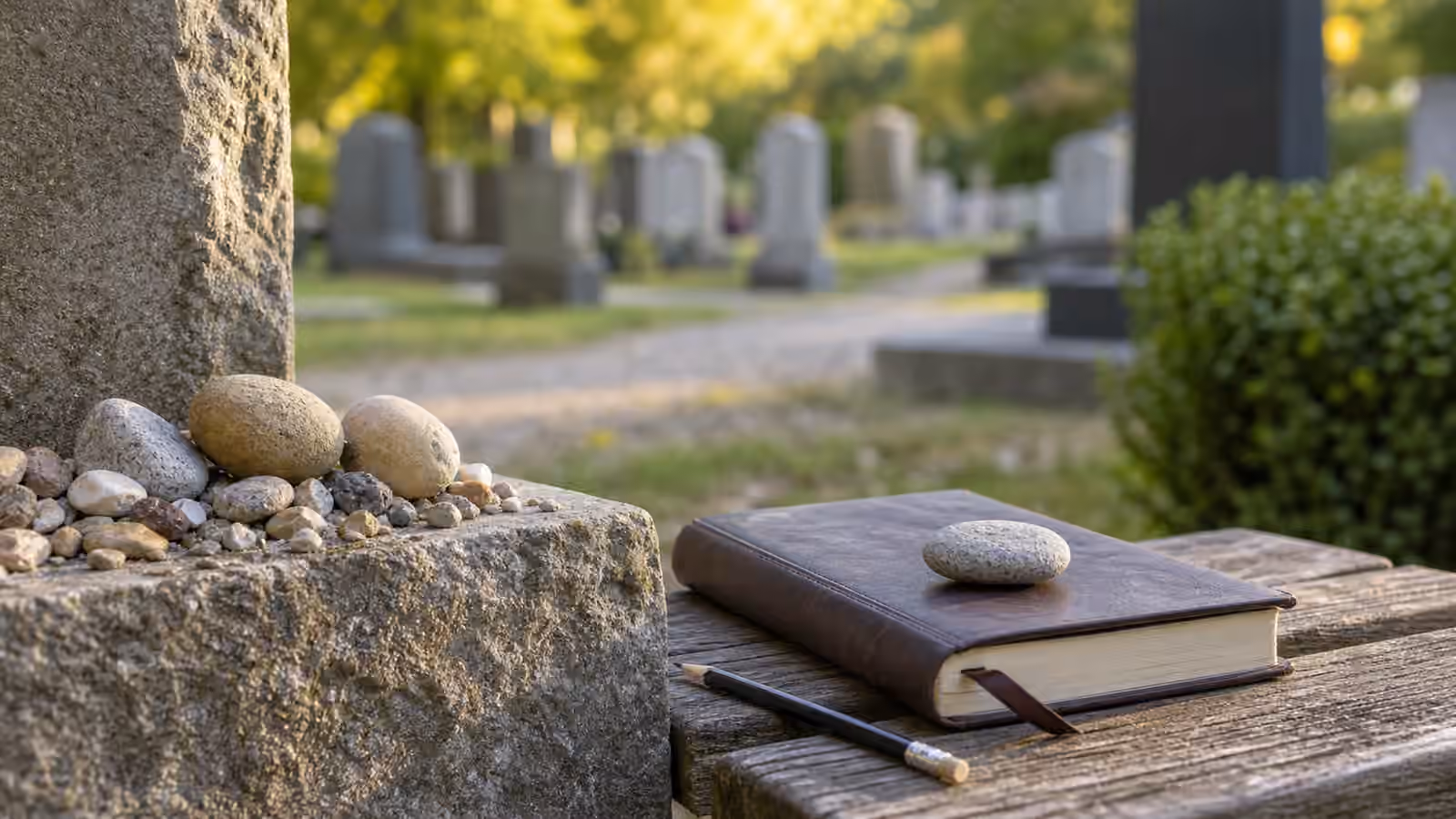 Small remembrance stones beside a grave marker with a closed notebook and pencil on a cemetery bench.