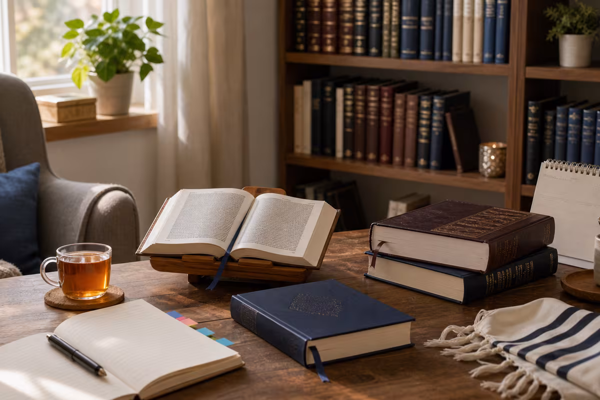 A warm home study corner with Jewish books, a notebook, tabs, tea, and a comfortable chair near a modest bookshelf.