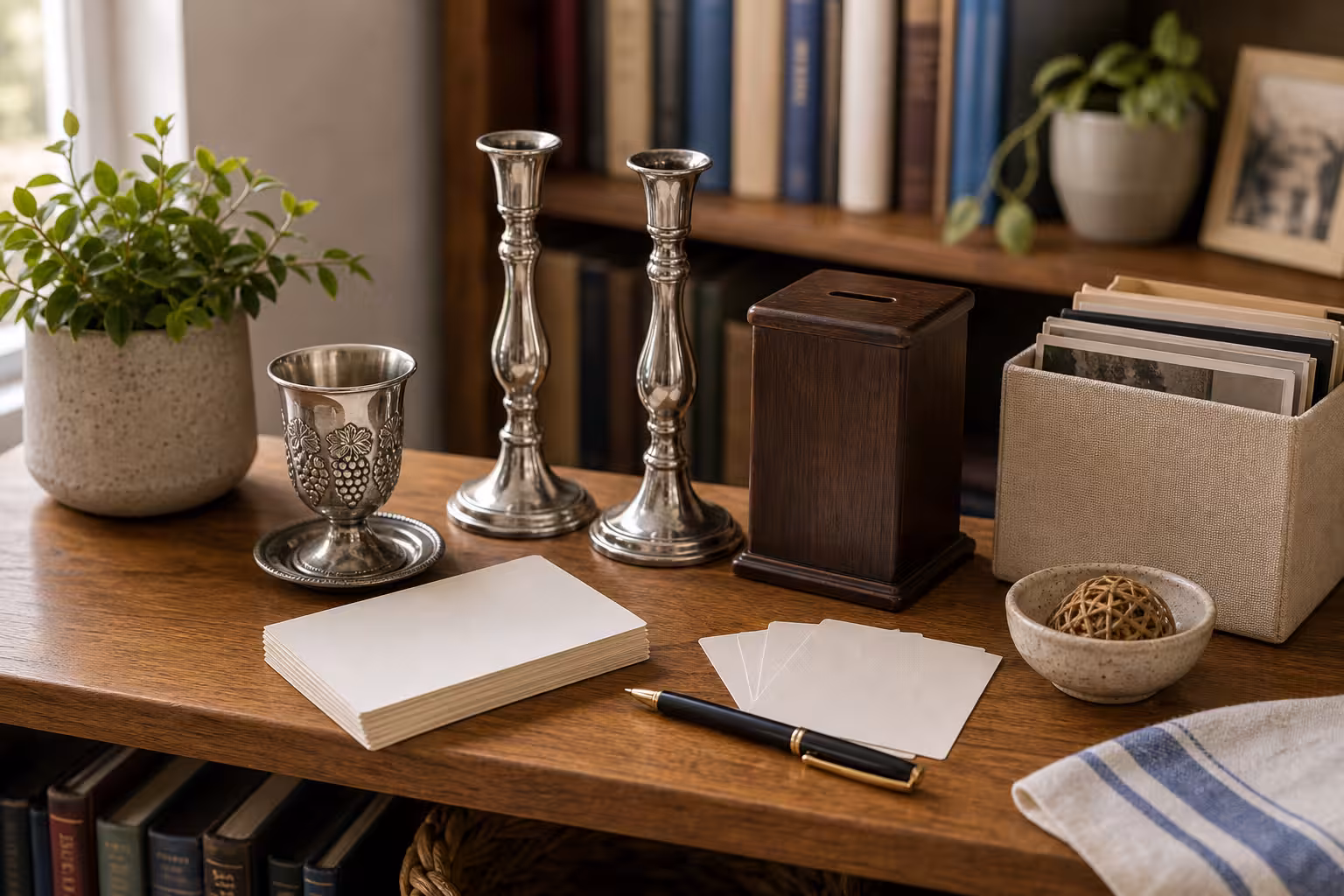 A beginner Jewish home practice shelf with a kiddush cup, unlit candlesticks, giving box, family keepsake box, and blank question cards