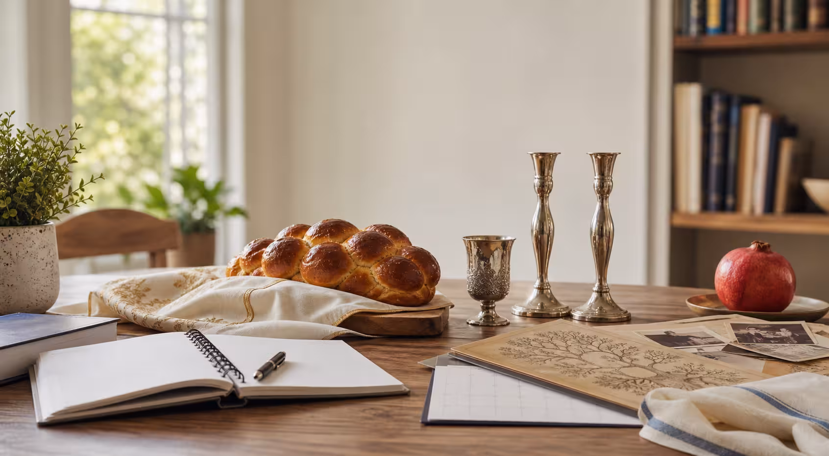 Warm Jewish learning table with challah, candlesticks, kiddush cup, calendar, notebook, and family papers