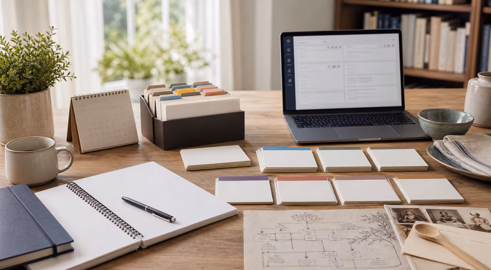Search workstation with cards, calendar, name notes, recipe cards, family tree pages, and laptop