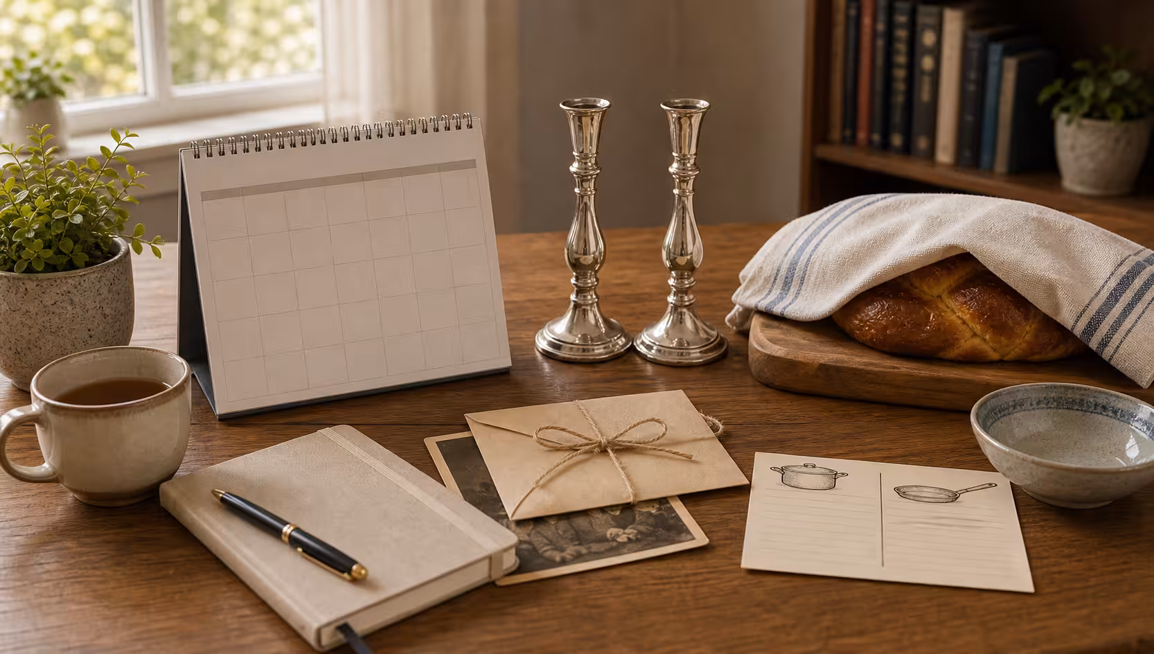 A beginner Jewish life orientation table with a blank calendar, covered challah, unlit candlesticks, family-history envelope, kosher note card, and tea