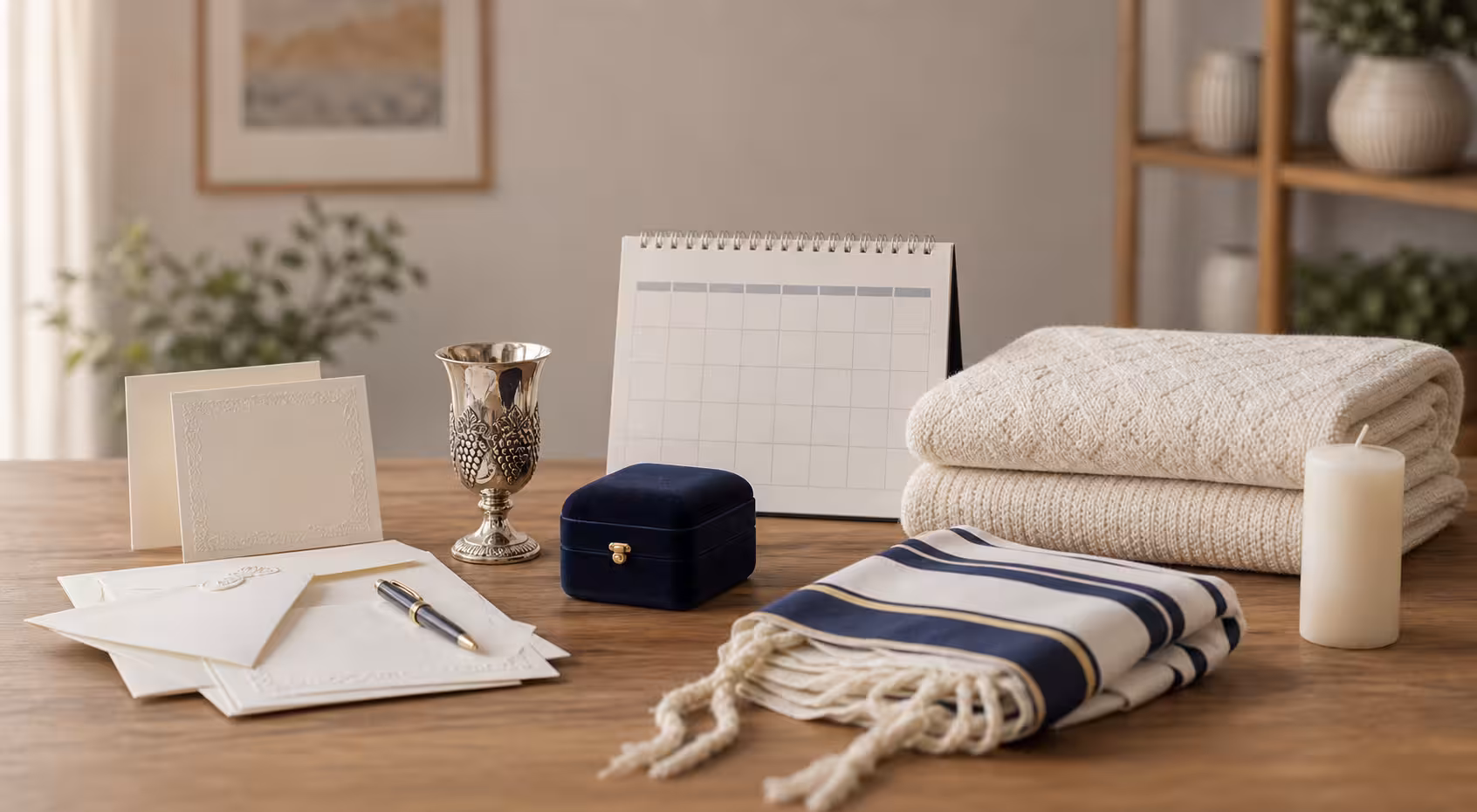 A respectful Jewish lifecycle preparation table with blank cards, folded tallit, kiddush cup, closed ring box, baby blanket, and unlit memorial candle