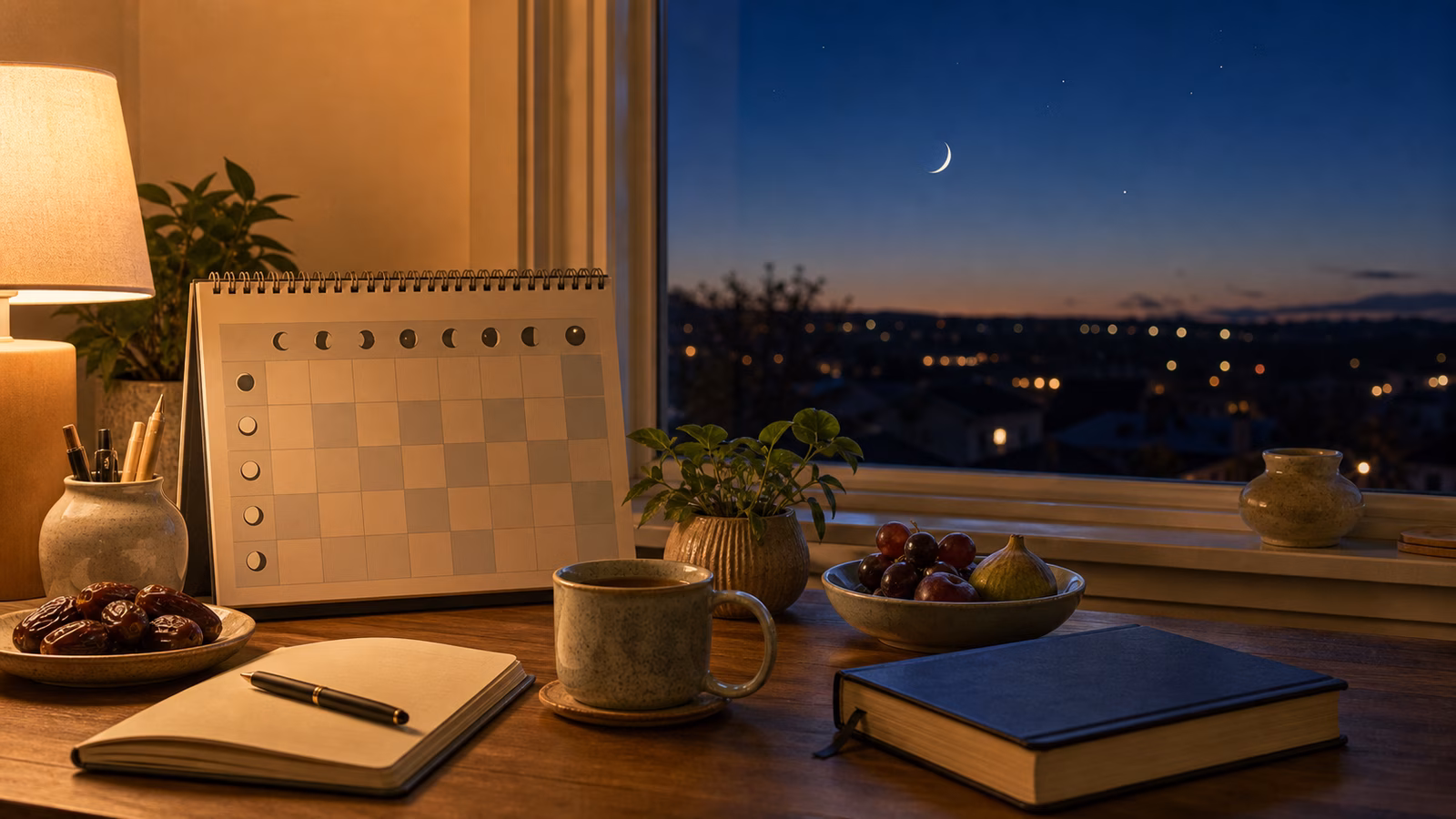 A quiet home learning desk with a blank symbolic calendar, closed prayer book, tea, dates, fruit, and a crescent moon outside the window.