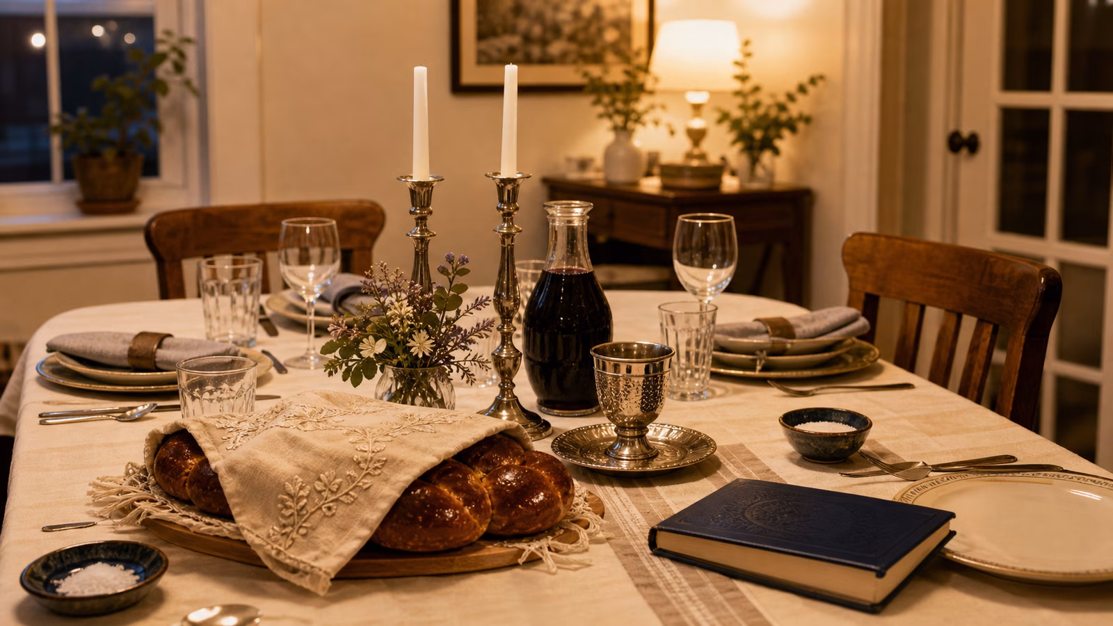 A warm Friday night table with covered challah, a simple wine cup, unlit candles, modest place settings, and a closed prayer book.