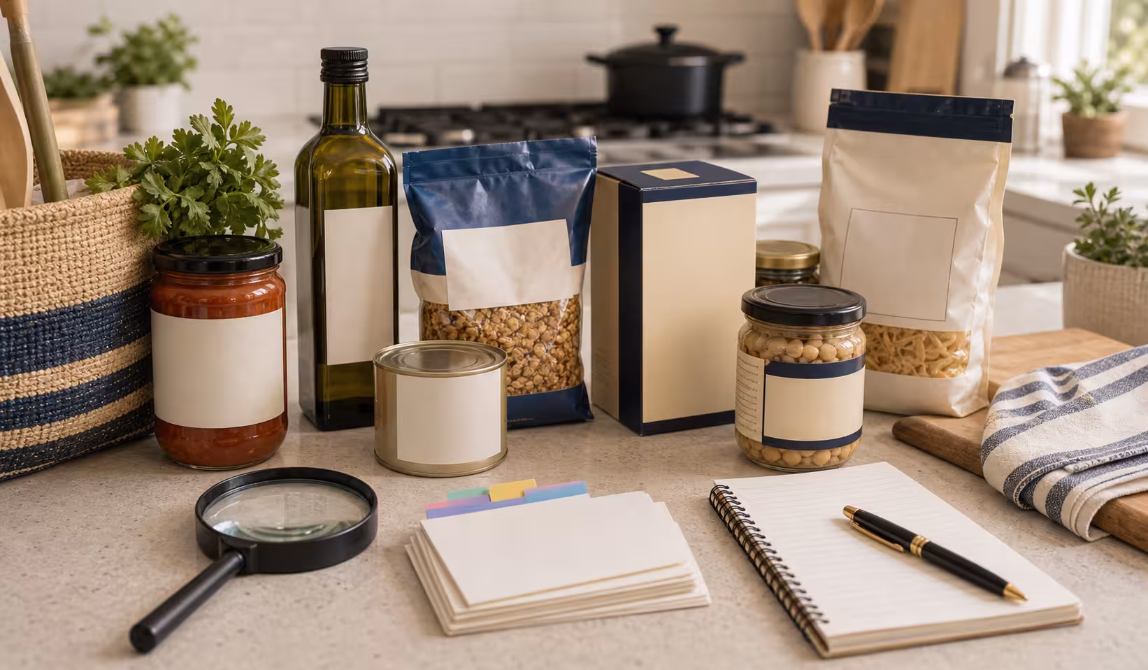 A kosher grocery checking setup with unreadable packaged foods, a magnifying glass, color-tabbed note cards, and a kitchen counter