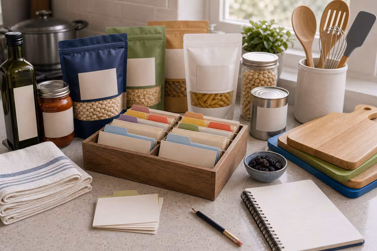 Kosher lookup reference cards with color-coded blank tabs, clean kitchen utensils, unreadable packaged foods, separate boards, and pencil