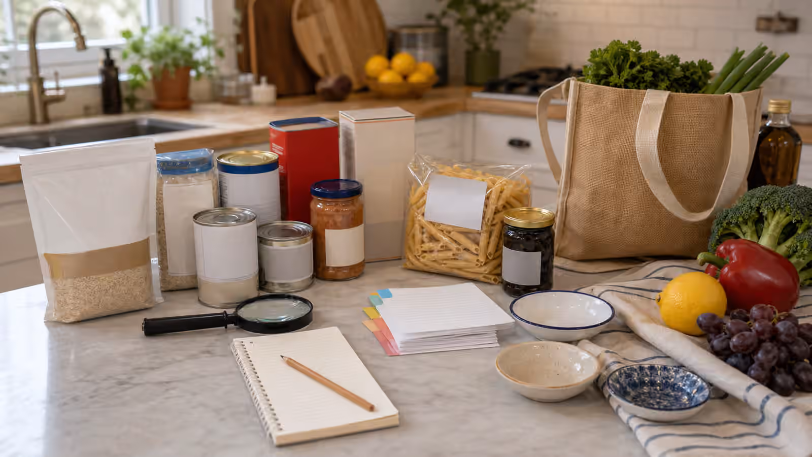 A kosher shopping setup with unbranded groceries, produce, note cards, magnifying glass, bowls, and a reusable bag.