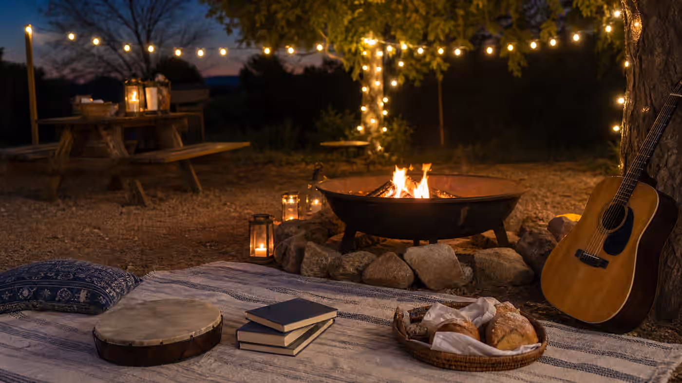 A safe contained fire bowl at dusk with a picnic blanket, wrapped food, closed books, and a guitar nearby.
