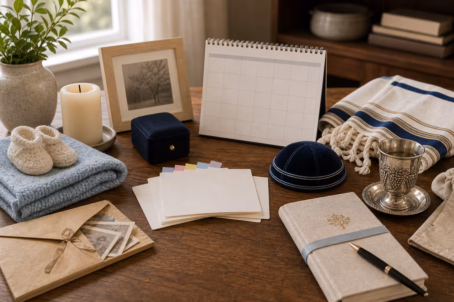 A lifecycle lookup reference desk with blank cards, baby blanket, folded tallit, closed ring box, unlit memorial candle, calendar, and archival envelope