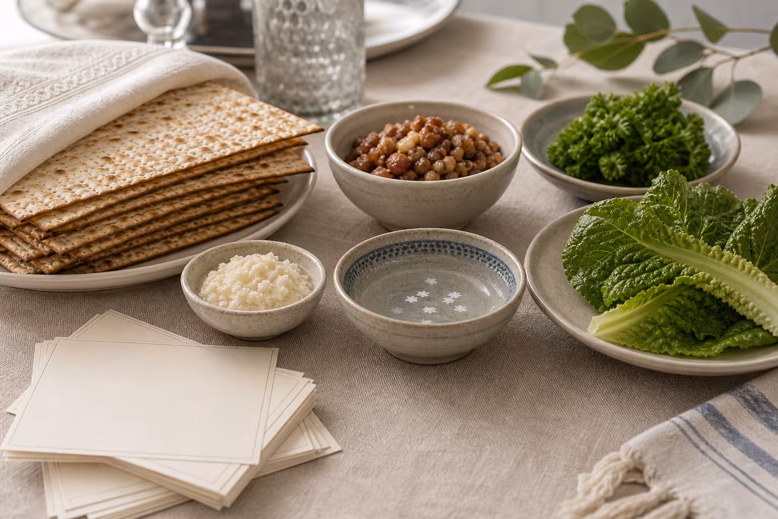 A Passover table close-up with matzah, bitter herbs, charoset, parsley, salt water, and blank question cards