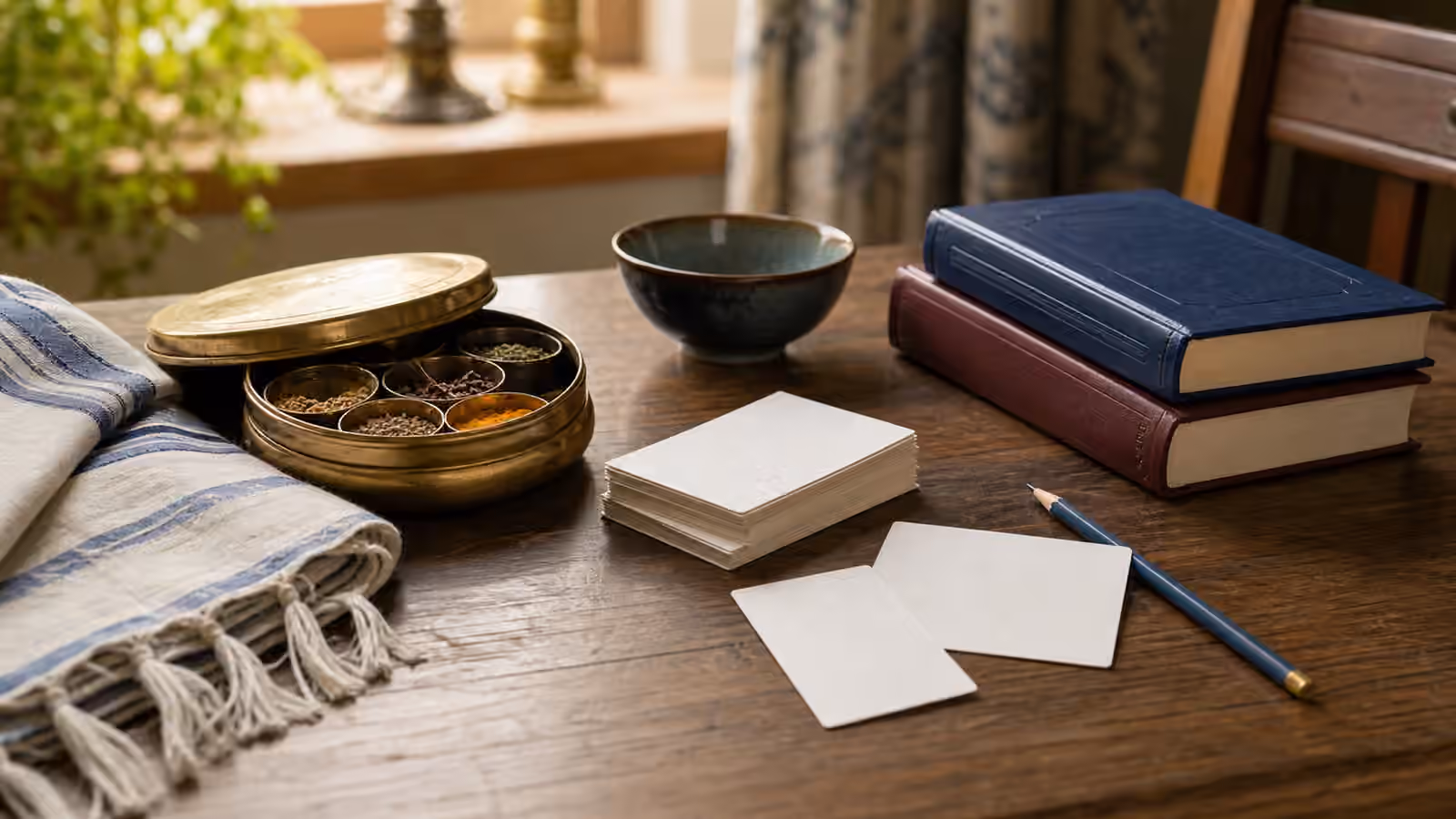 A Jewish custom study table with blank family cards, unreadable prayer books, spice box, folded textile, and warm afternoon light.